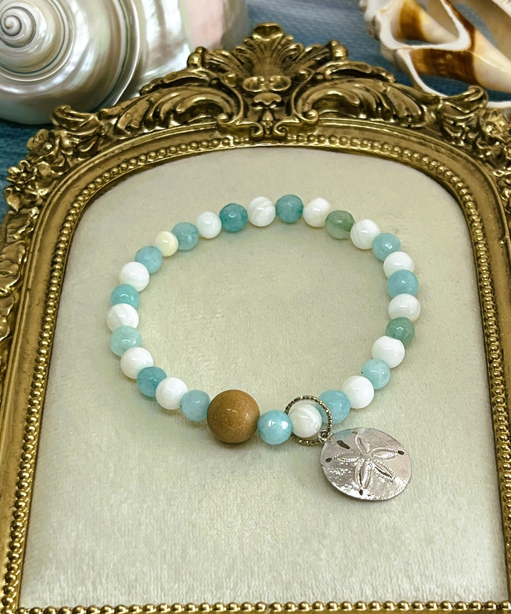 Aquamarine & Shell Beaded Stretch Bracelet with Silver Sand Dollar Charm