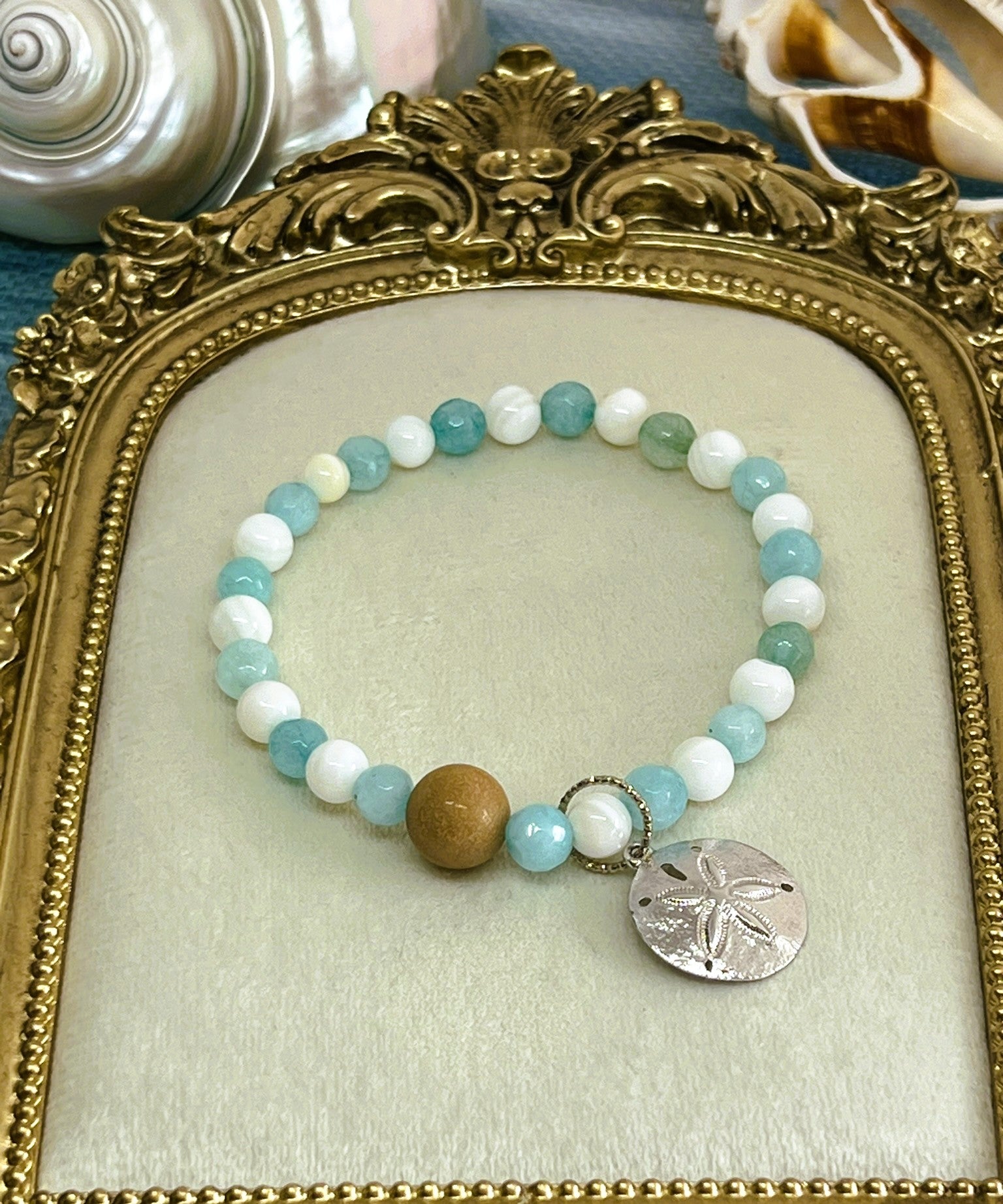 Aquamarine & Shell Beaded Stretch Bracelet with Silver Sand Dollar Charm