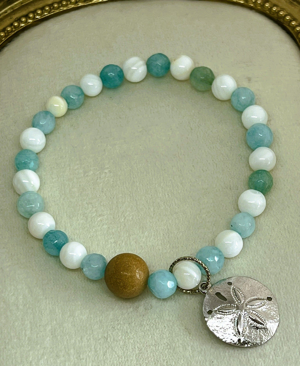 Aquamarine & Shell Beaded Stretch Bracelet with Silver Sand Dollar Charm