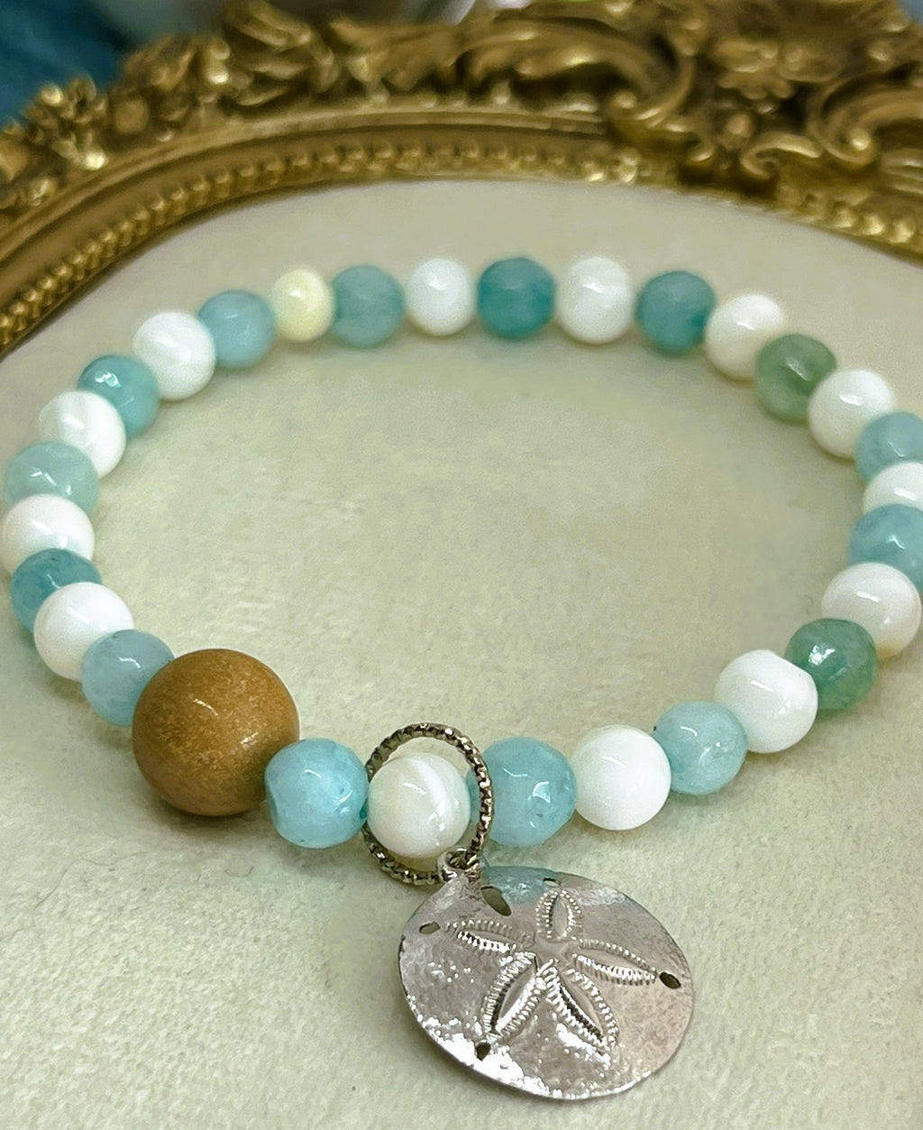 Aquamarine & Shell Beaded Stretch Bracelet with Silver Sand Dollar Charm