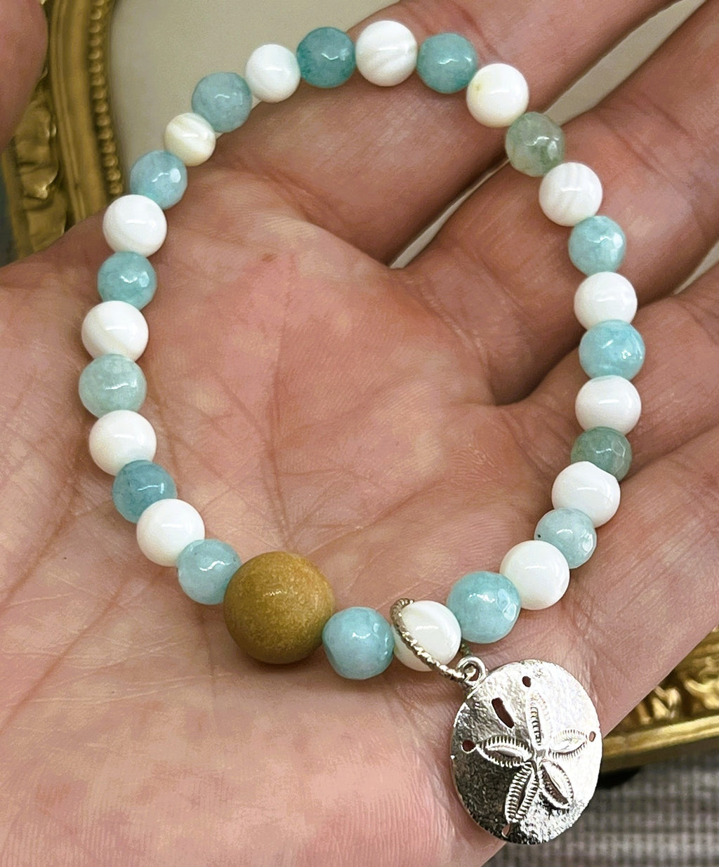 Aquamarine & Shell Beaded Stretch Bracelet with Silver Sand Dollar Charm