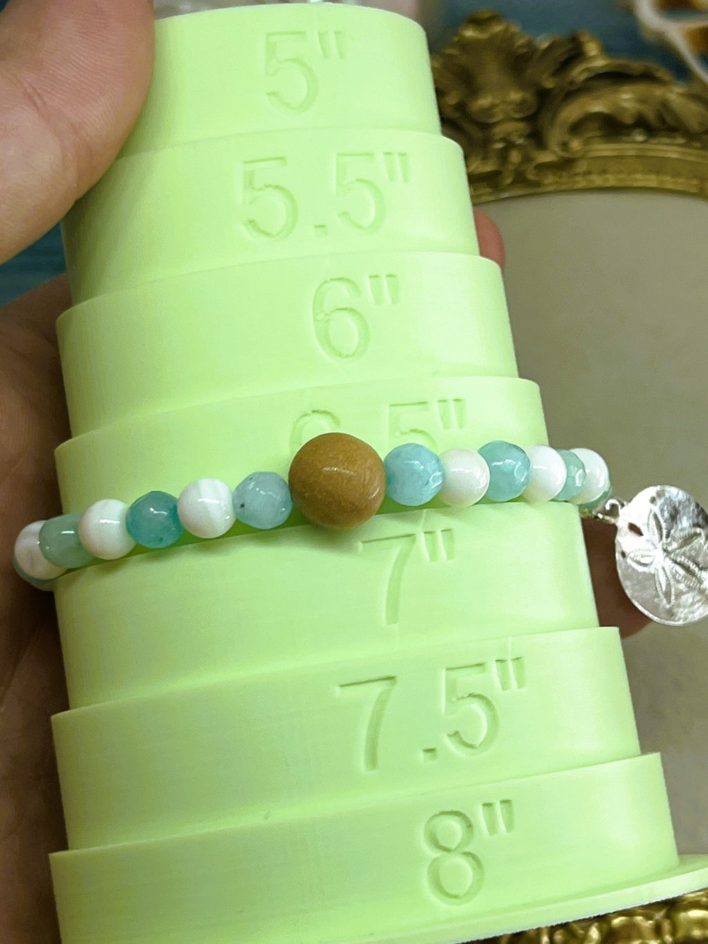 Aquamarine & Shell Beaded Stretch Bracelet with Silver Sand Dollar Charm